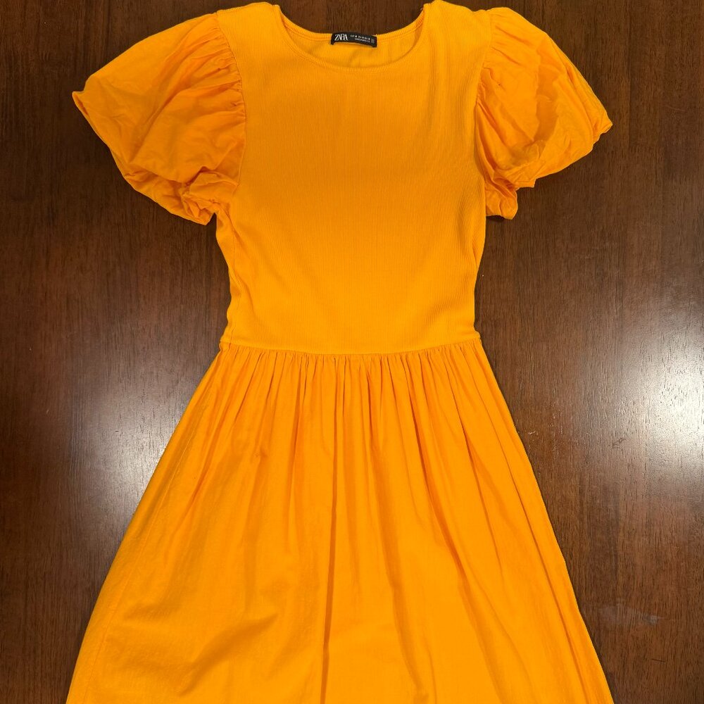 ZARA Puff Sleeve Midi Dress – Marigold Yellow, Size M